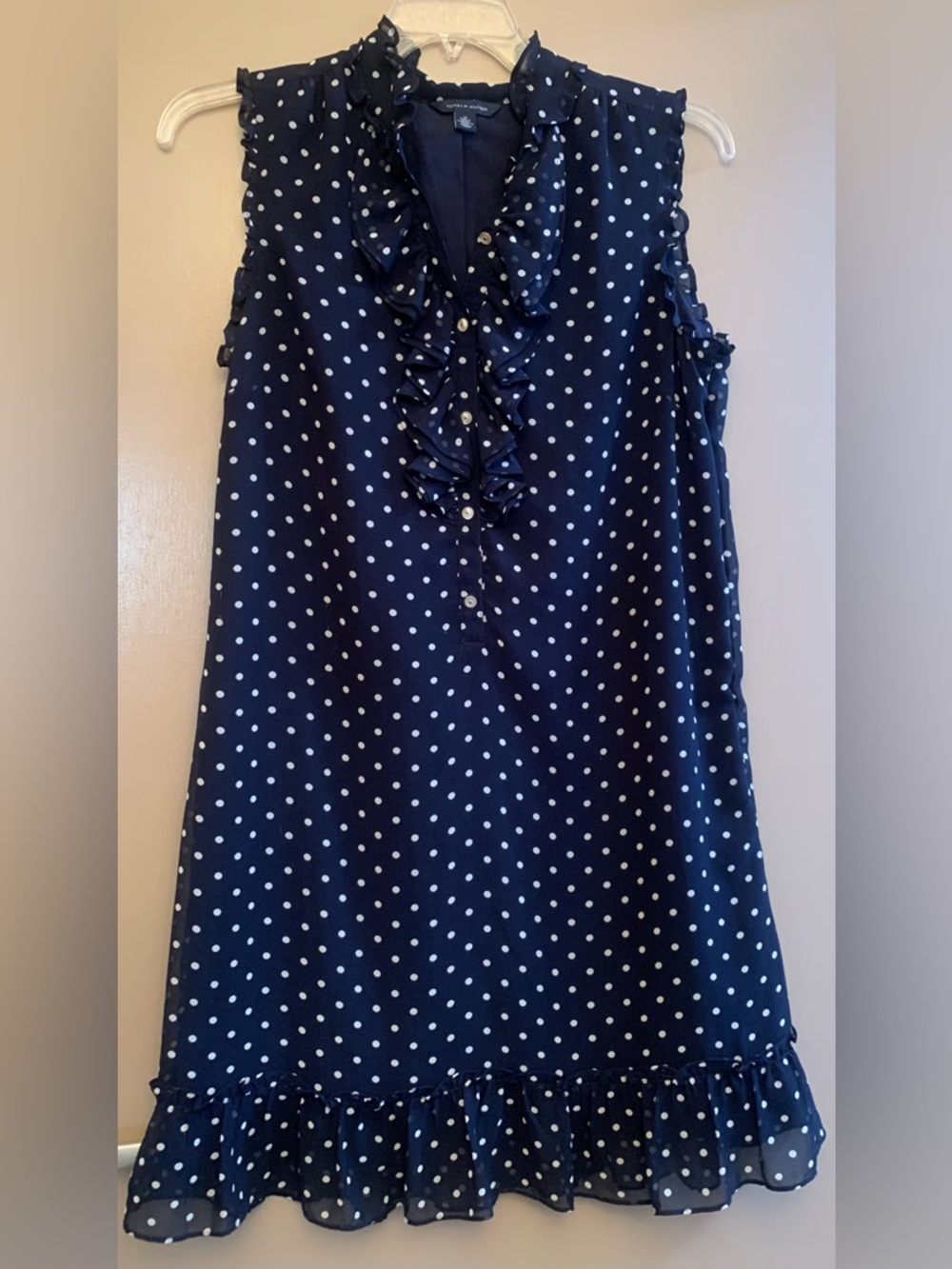 Tommy Hilfiger Dress Navy /White Polka Dot Ruffle Neck & Hem Sleeveless Size 12